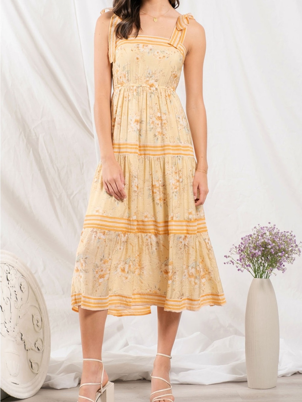 Floral Stripe Sundress Adjustable Tie Shoulder Straps Midi Dress Yellow Summer S